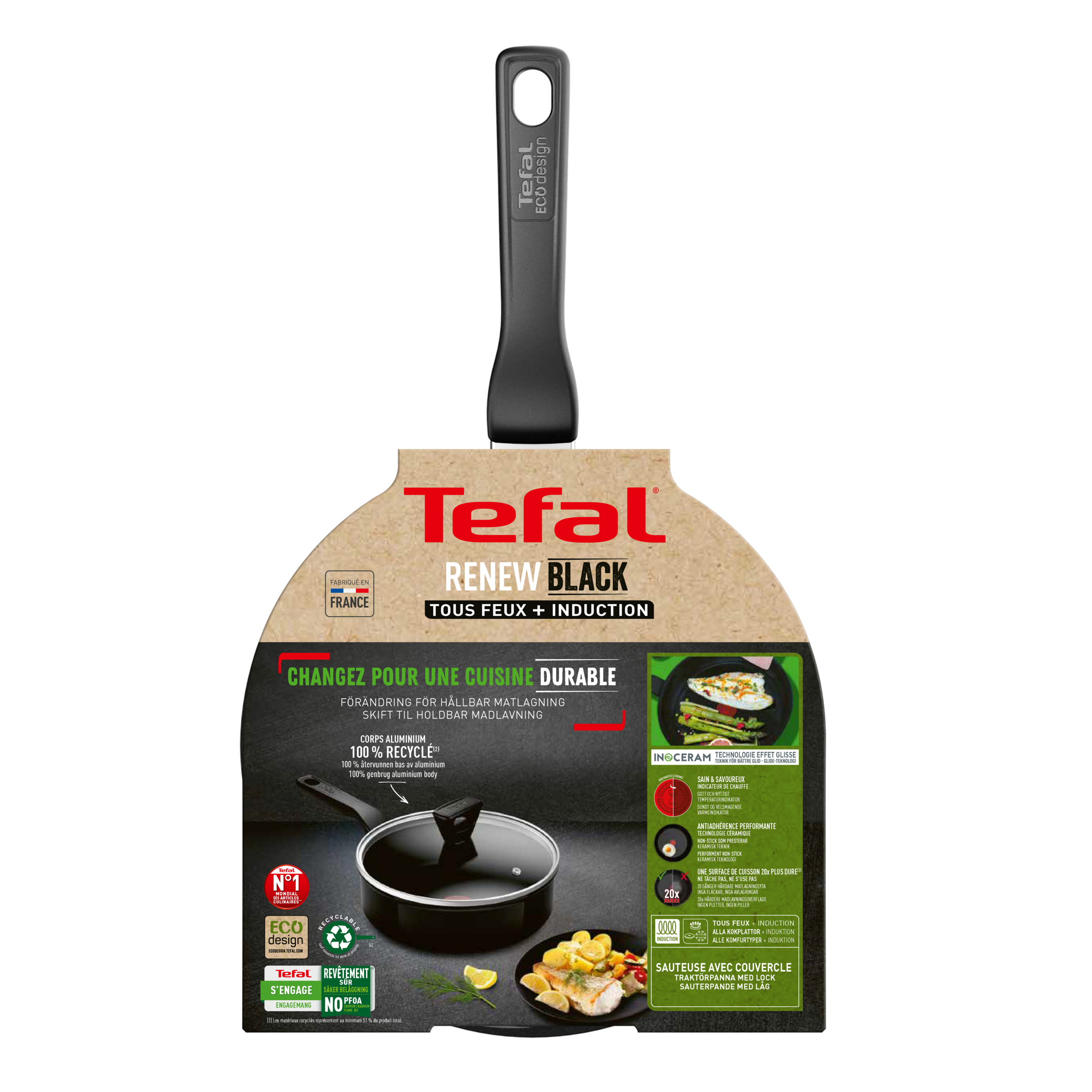Tefal Renew Black Ceramic Sautepan + Lid 24cm - C4323223 - Ceramic Non-Stick Coating